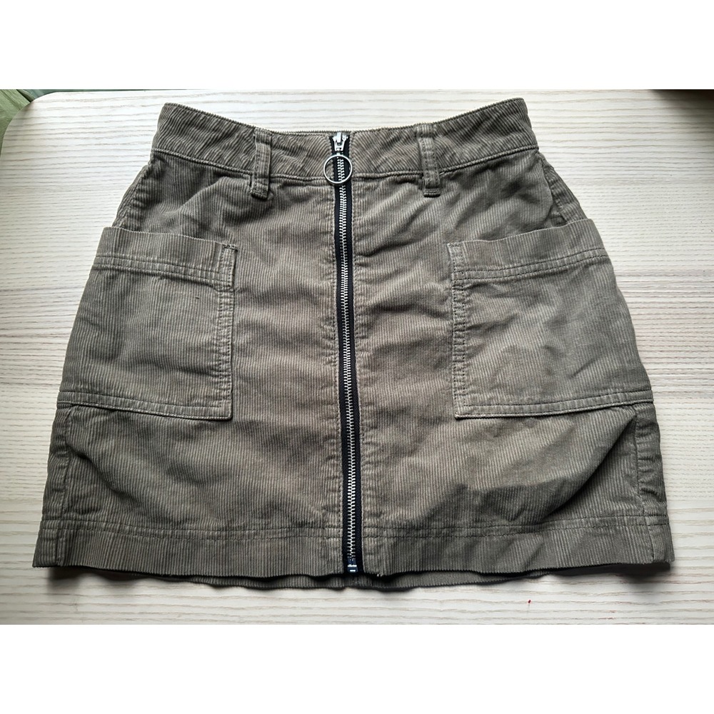 PacSun‎ Corduroy Mini Skirt Olive Green Front Zip O-Ring Utility Pockets Size 23